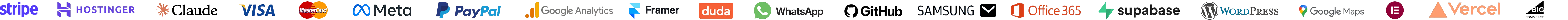 Logos of Stripe, Hostinger, Claude, Visa, Mastercard, Meta, PayPal, Google Analytics, Framer, Duda, WhatsApp, GitHub, Samsung, Office 365, Supabase, WordPress, Google Maps, Elementor, Vercel and BigCommerce