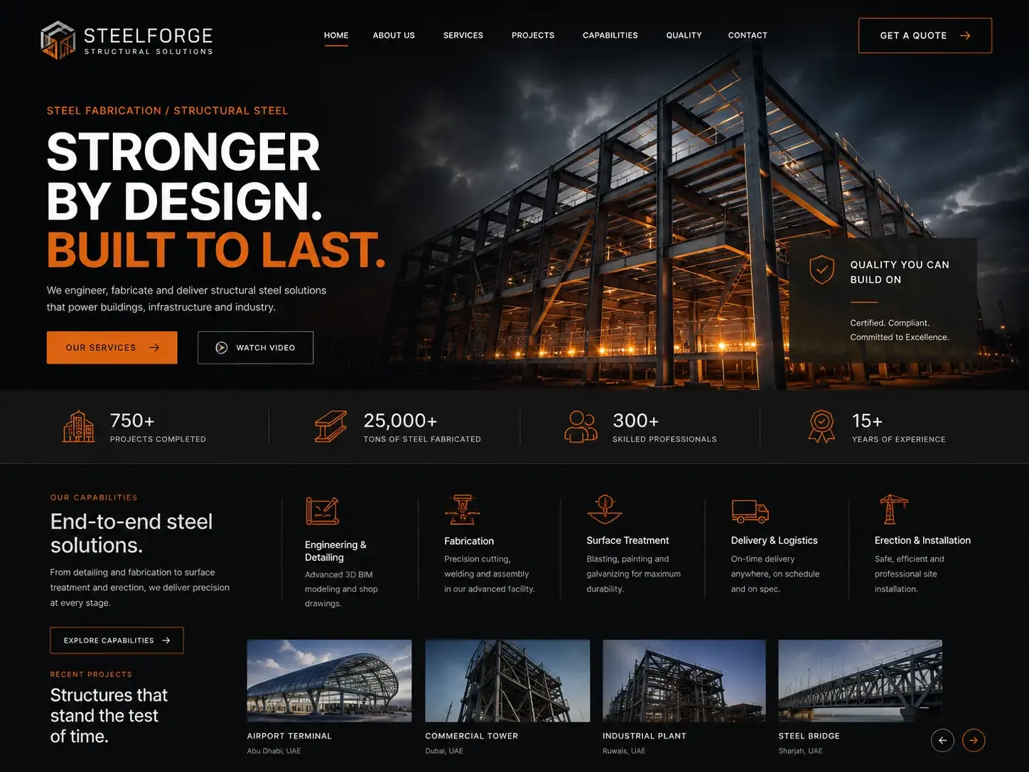 Steelforge website concept — تصنيع الهياكل الفولاذية وأعمال الحديد homepage