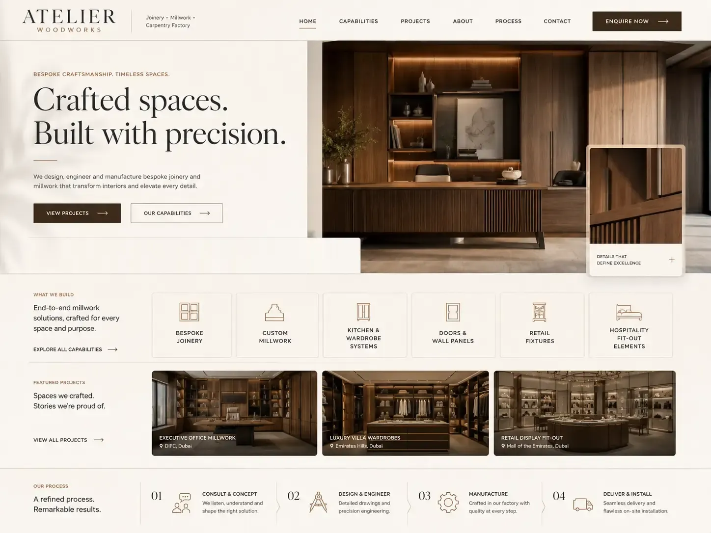 Atelier Woodworks website concept — مصانع النجارة والأعمال الخشبية homepage