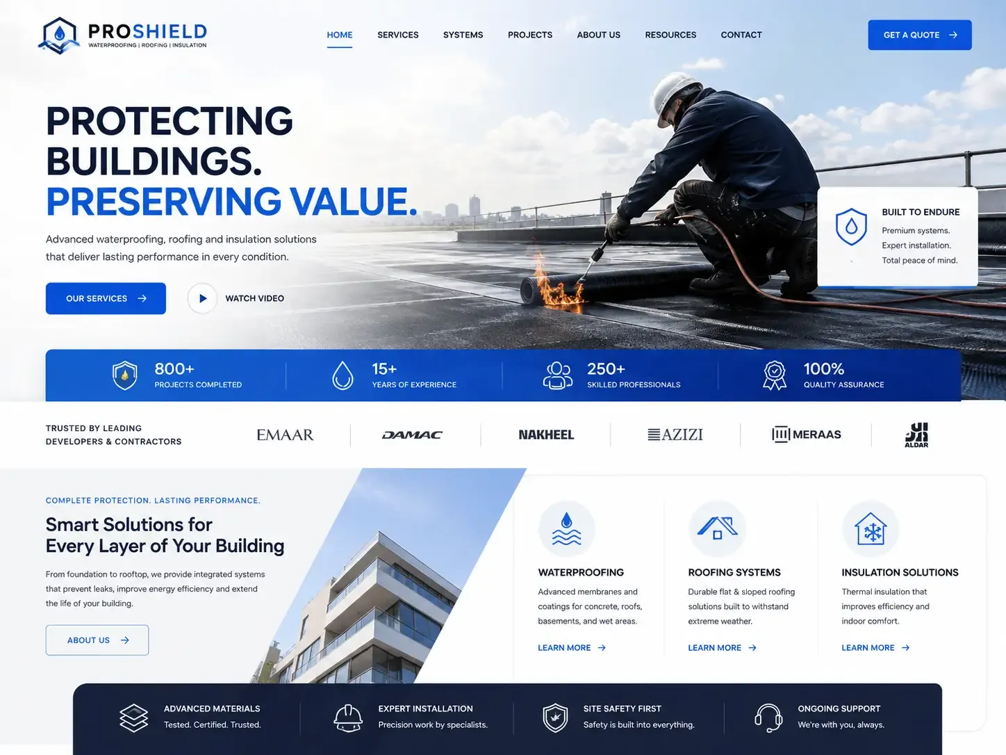 Proshield website concept — العزل المائي وأعمال الأسقف والعزل الحراري homepage
