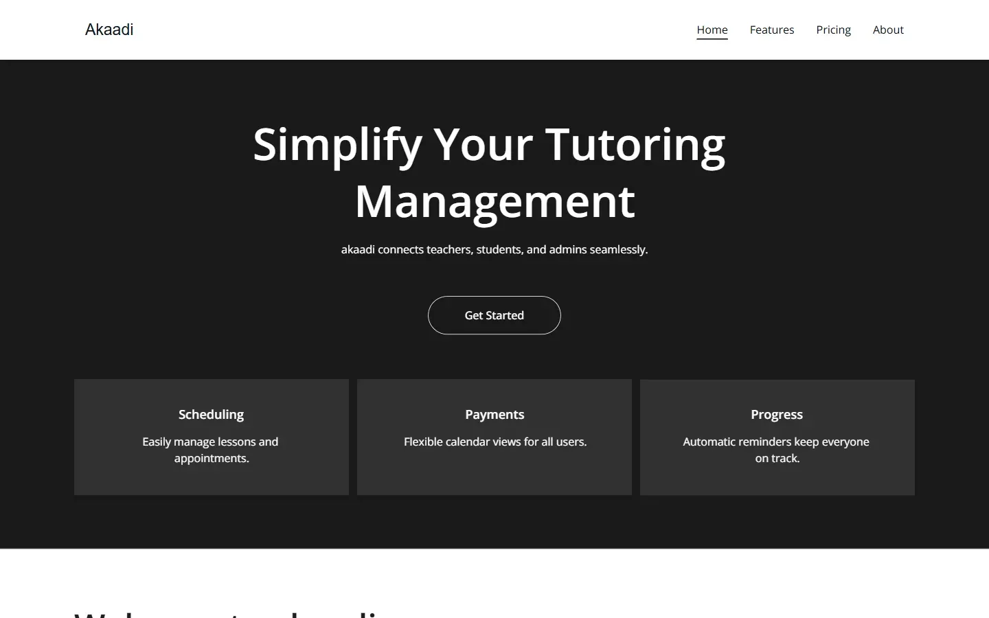 الصفحة الرئيسية لموقع Akkadi, Streamlined Tools for Private Lesson Schools